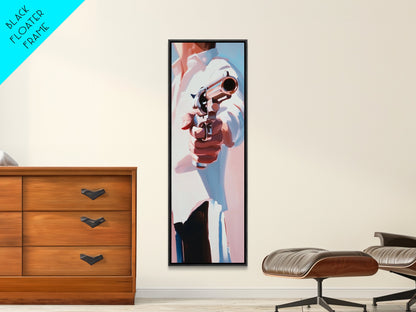 Revolverheld, Westernkunst, gerahmter Leinwanddruck, moderne Cowboy-Wandkunst, maskuline Bürodekoration, dramatische Filmszene, Pop-Art-Ästhetik