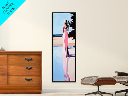 Ruhige Frau, Naturspiegelung, Zarte Pastellfarben, Friedliche Landschaft, Gerahmter Leinwanddruck, Minimalistische Kunst, Friedliche Wohndekoration