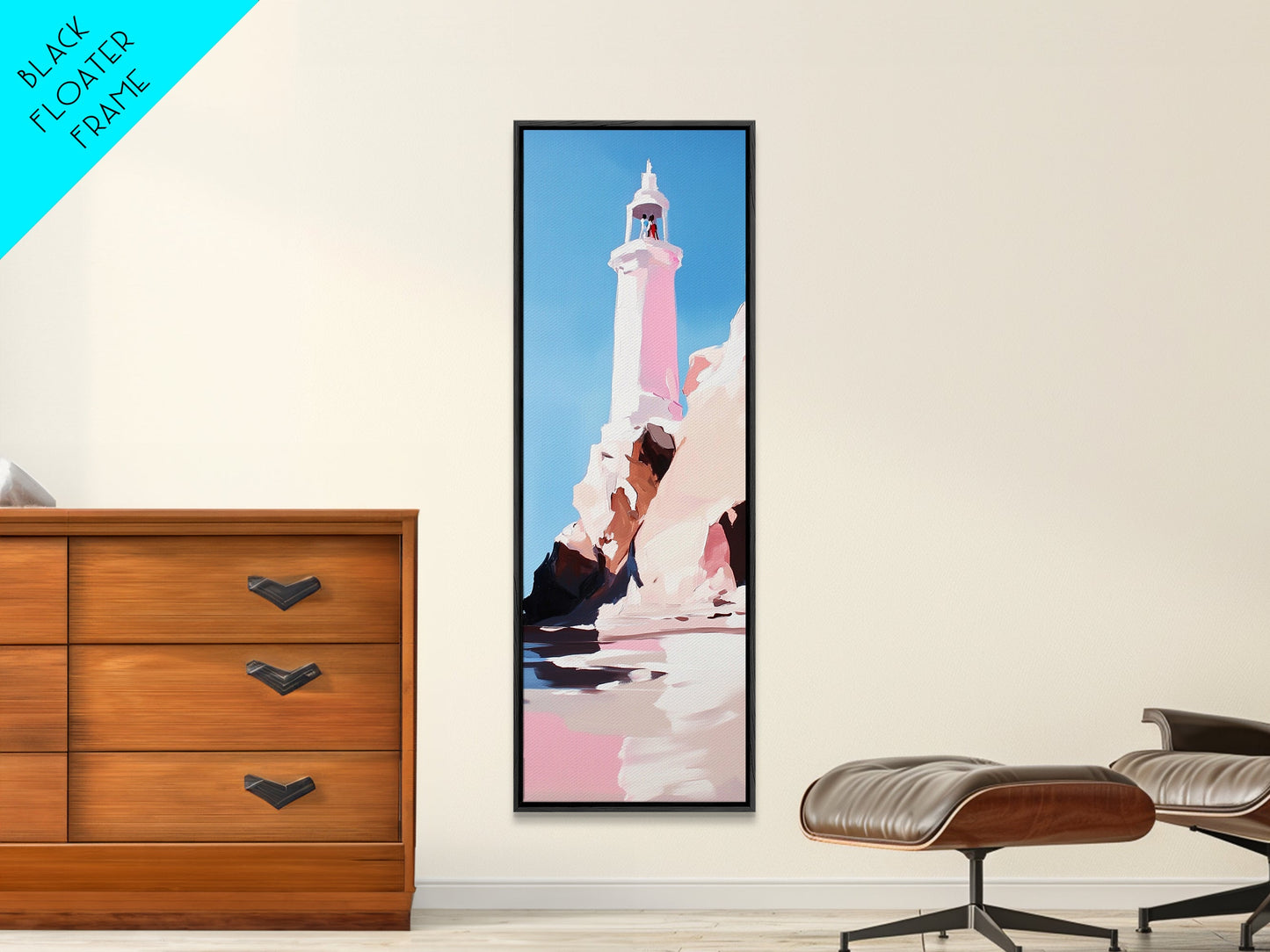 Lighthouse Art, Coastal Wall Decor, Nautical Painting, Ocean Wall Art, Minimalist Seascape, Blue Sky Print, Framed Canvas Print