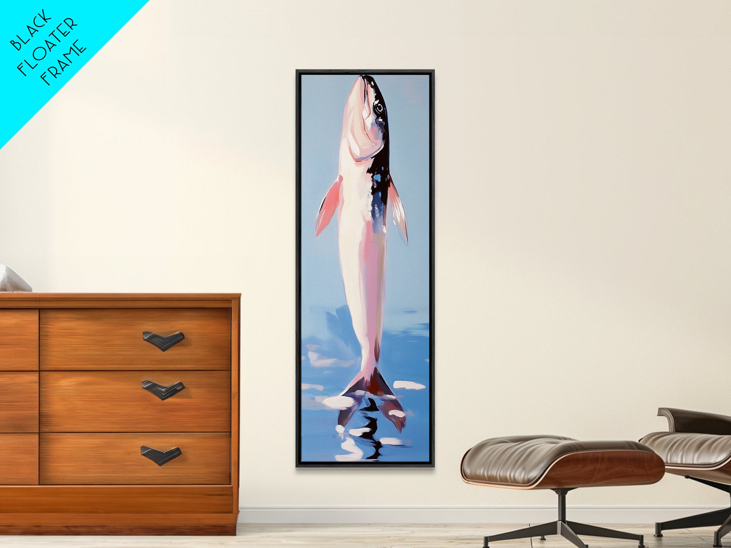 Fish, Water, Minimalist Art, Ocean, Coastal Decor, Marine Life, Blue, White, Kitchen Wall Art, Framed Canvas Print