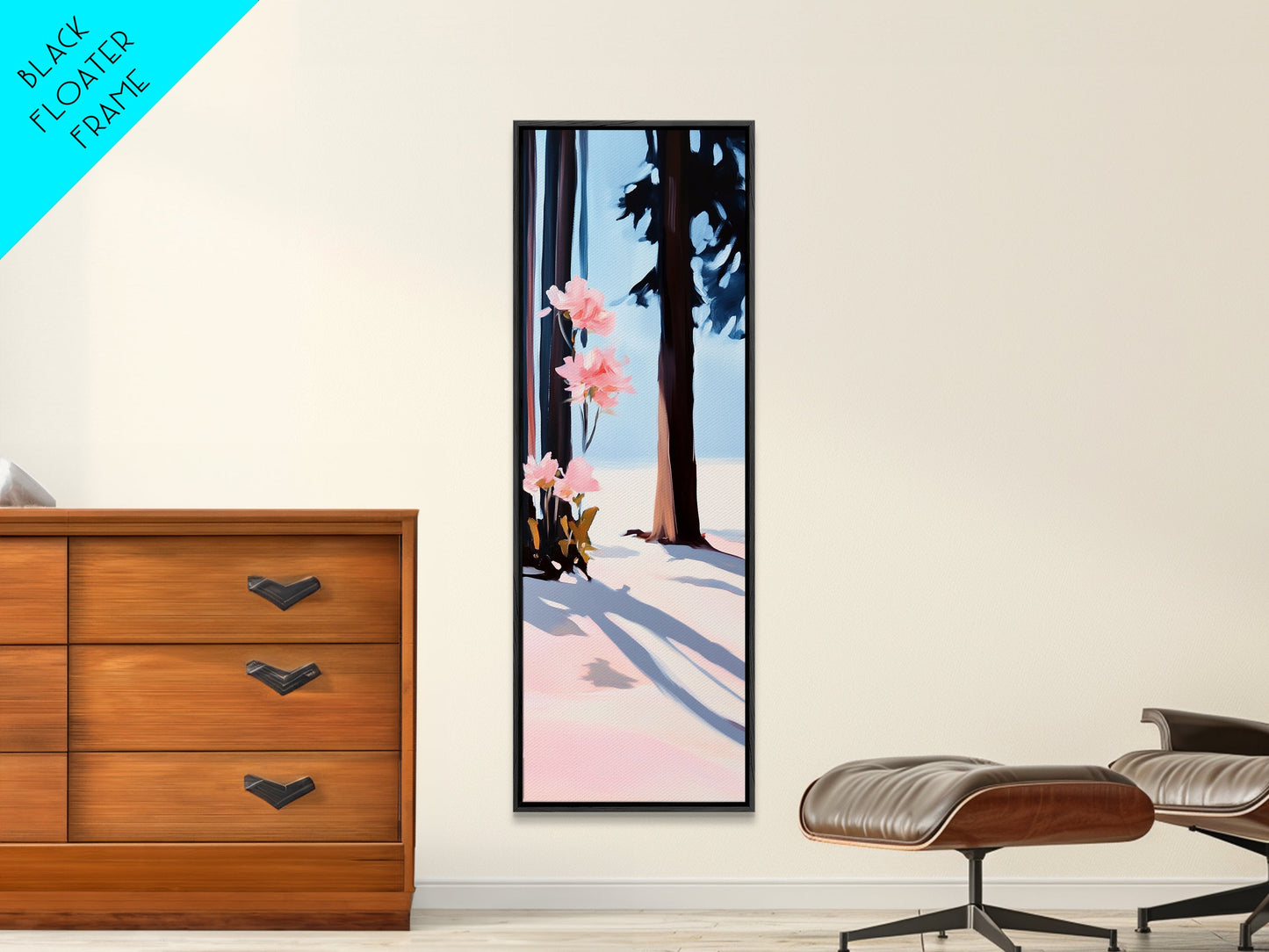 Floral Winter, Botanical Wall Art, Pink Flower Snow Scene, Nature-Inspired Artwork, Minimalist Forest Painting, Canvas Print, Office Wall Art