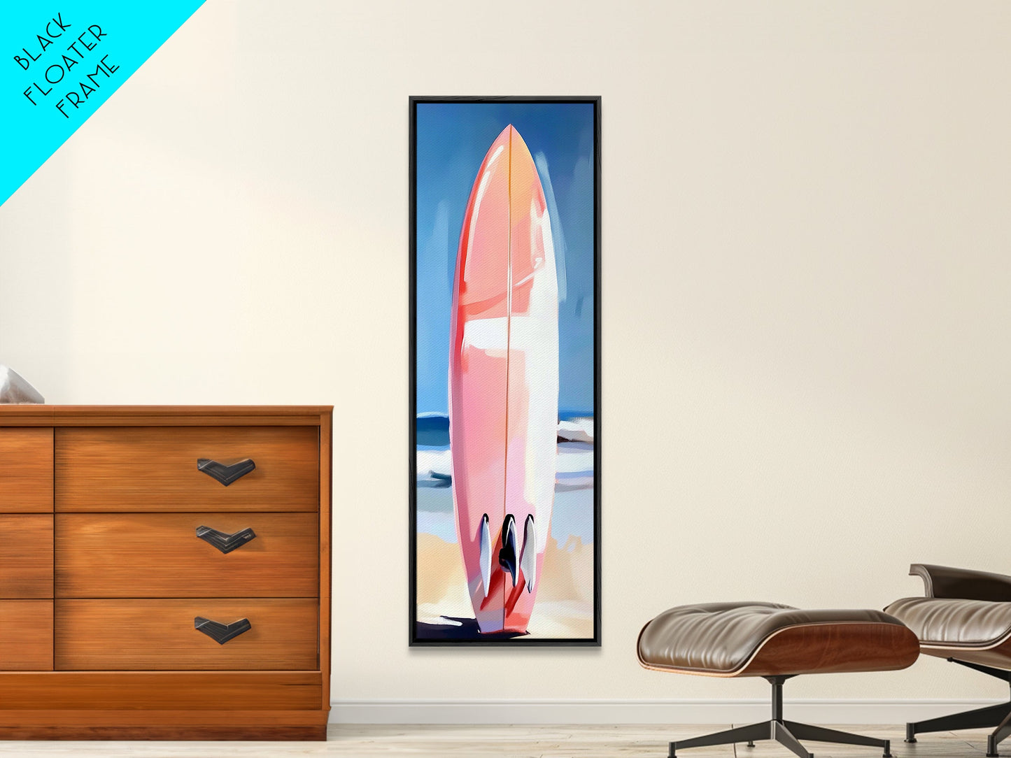 Pinkes Surfbrett, Strandhaus-Kunst, Küstenästhetik, Surfer-Lifestyle, Sommerfeeling, Gerahmter Leinwanddruck mit Ozeanmotiv, Moderne Wanddekoration