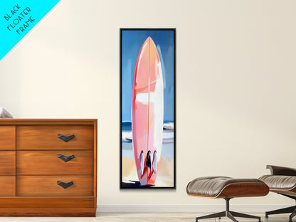 Pinkes Surfbrett, Strandhaus-Kunst, Küstenästhetik, Surfer-Lifestyle, Sommerfeeling, Gerahmter Leinwanddruck mit Ozeanmotiv, Moderne Wanddekoration