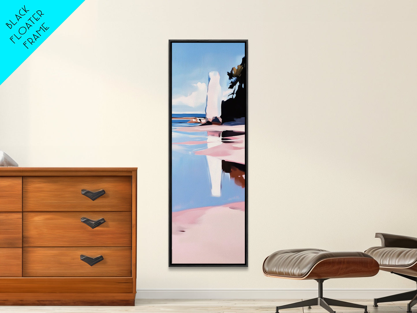 Rock Formation, Coastal Reflection, Ocean Landscape, Soft Pastel Seascape, Modern Boho Art, Nature Inspired Framed Canvas Print, Zen Decor