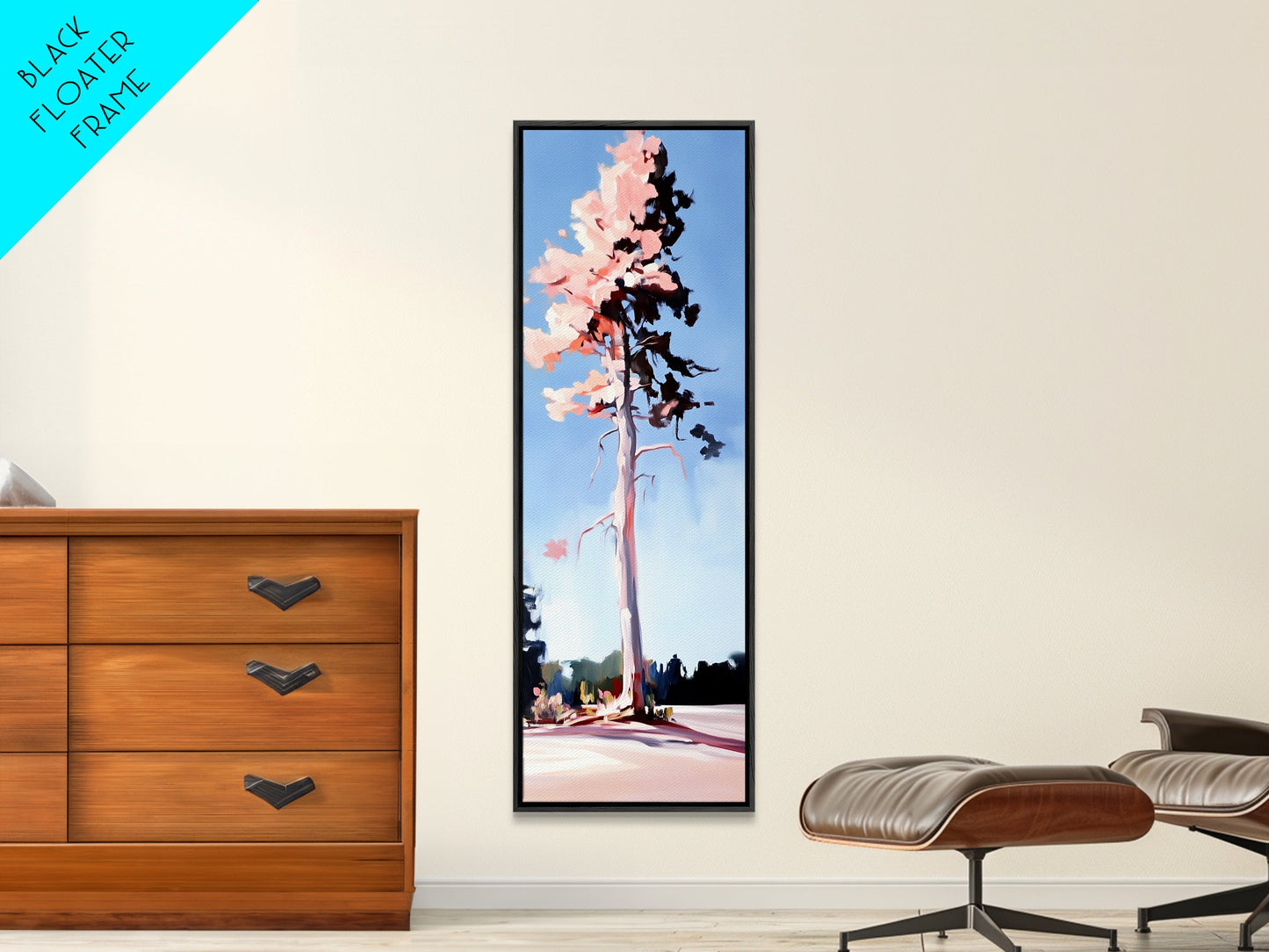 Pink Blossom Tree, Spring Landscape Art, Dreamy Nature Print, Pastel Wall Decor, Romantic Living Room, Framed Canvas Print