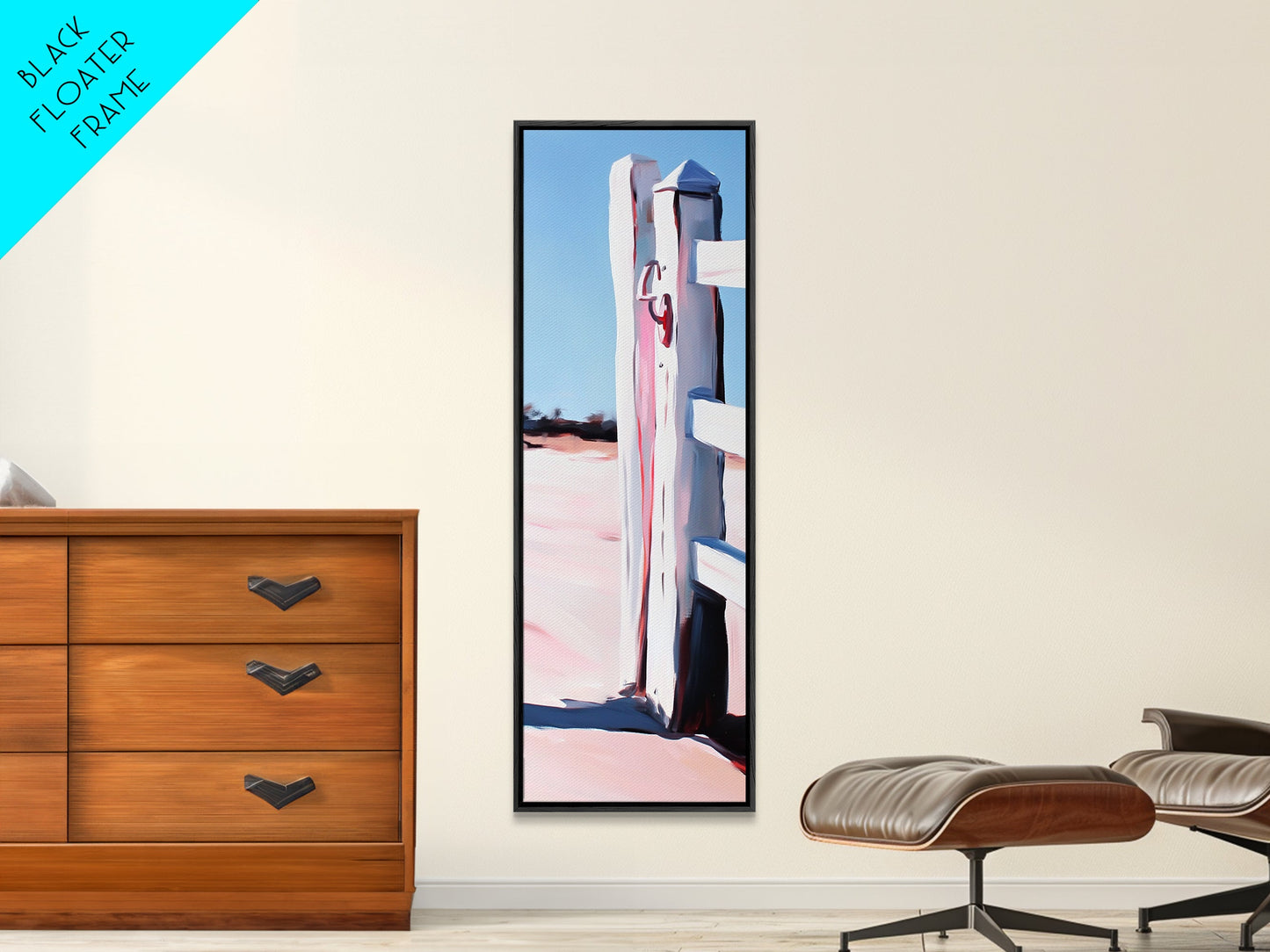 Zaunpfosten, rustikale Landschaft, Wandbild im Landhausstil, gerahmter Leinwanddruck, minimalistische Kunst, Strandhausdeko, Landhausästhetik