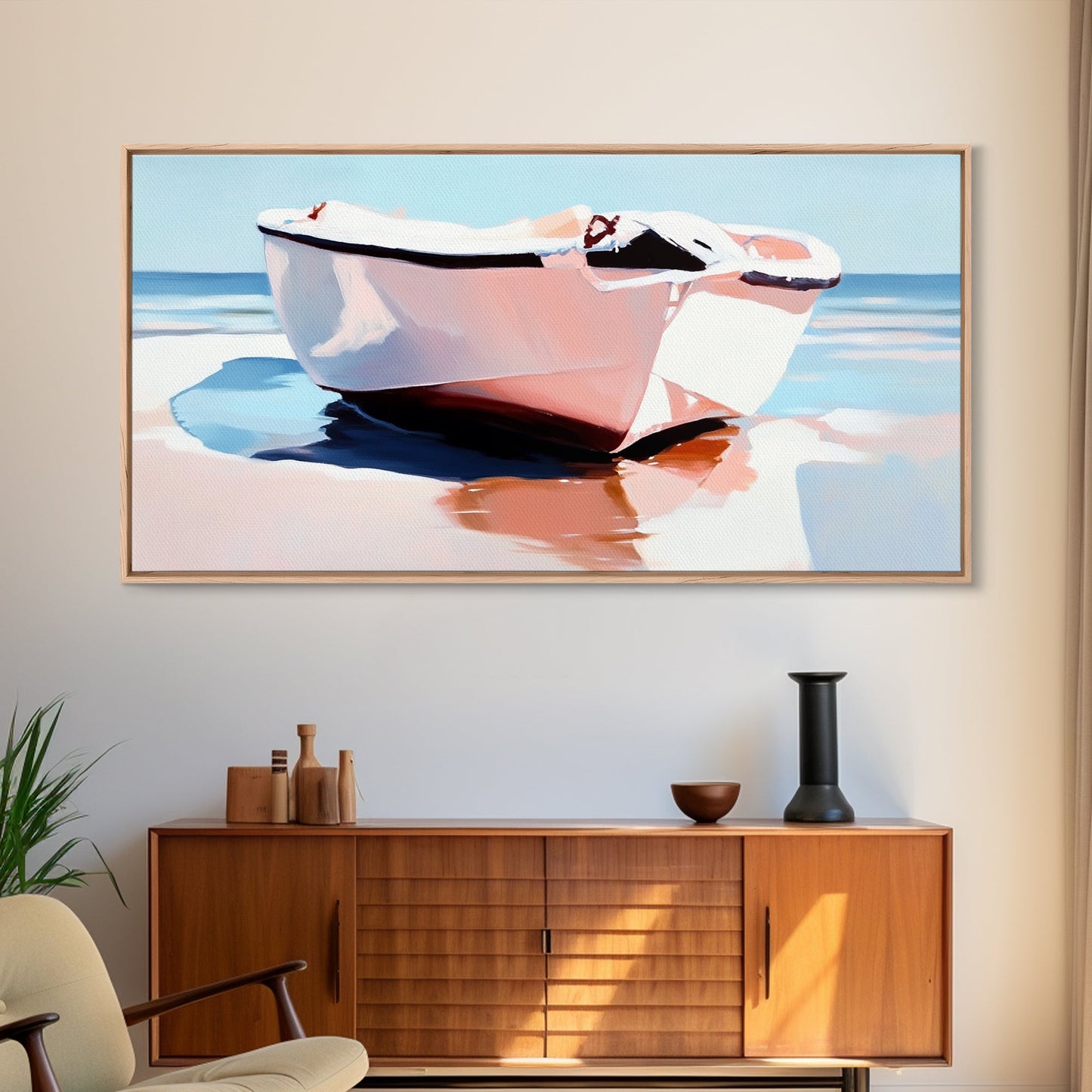 Beach Boat, Ocean Reflection, Coastal Calm, Canvas Print, Minimalist Nautical Art, Summer Home Decor, Living Room Wall Art, Tranquil Vibes