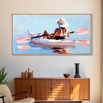 Kayaker, Summer Adventure, Water Sports Art, Canvas Print, Minimalist Wall Decor, Coastal Home Art, Boho Beach Painting, Modern Artwork