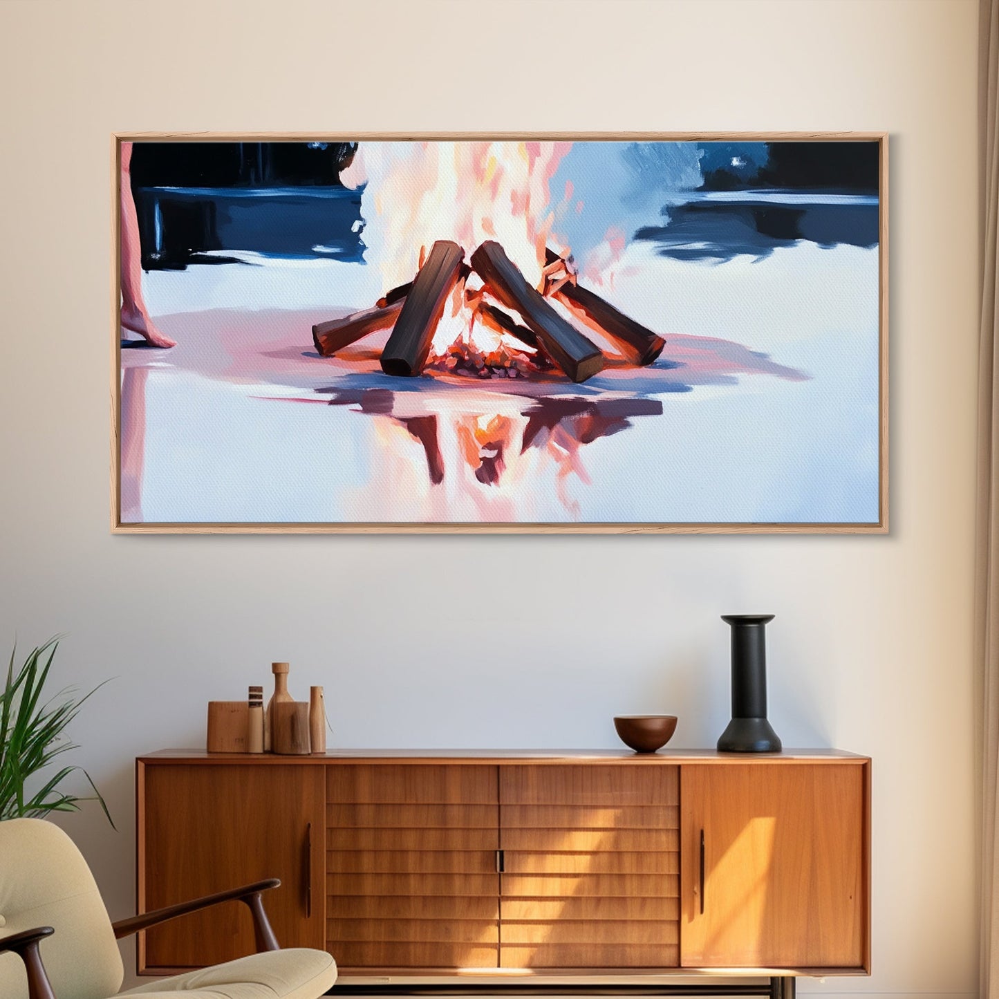 Gemütliches Lagerfeuer, Feuerspiegelung, Lagerfeuerglühen, Herbstnacht, gerahmter Leinwanddruck, Wandbild für die Hütte, rustikale Dekoration, warme Atmosphäre, Herbstkunst