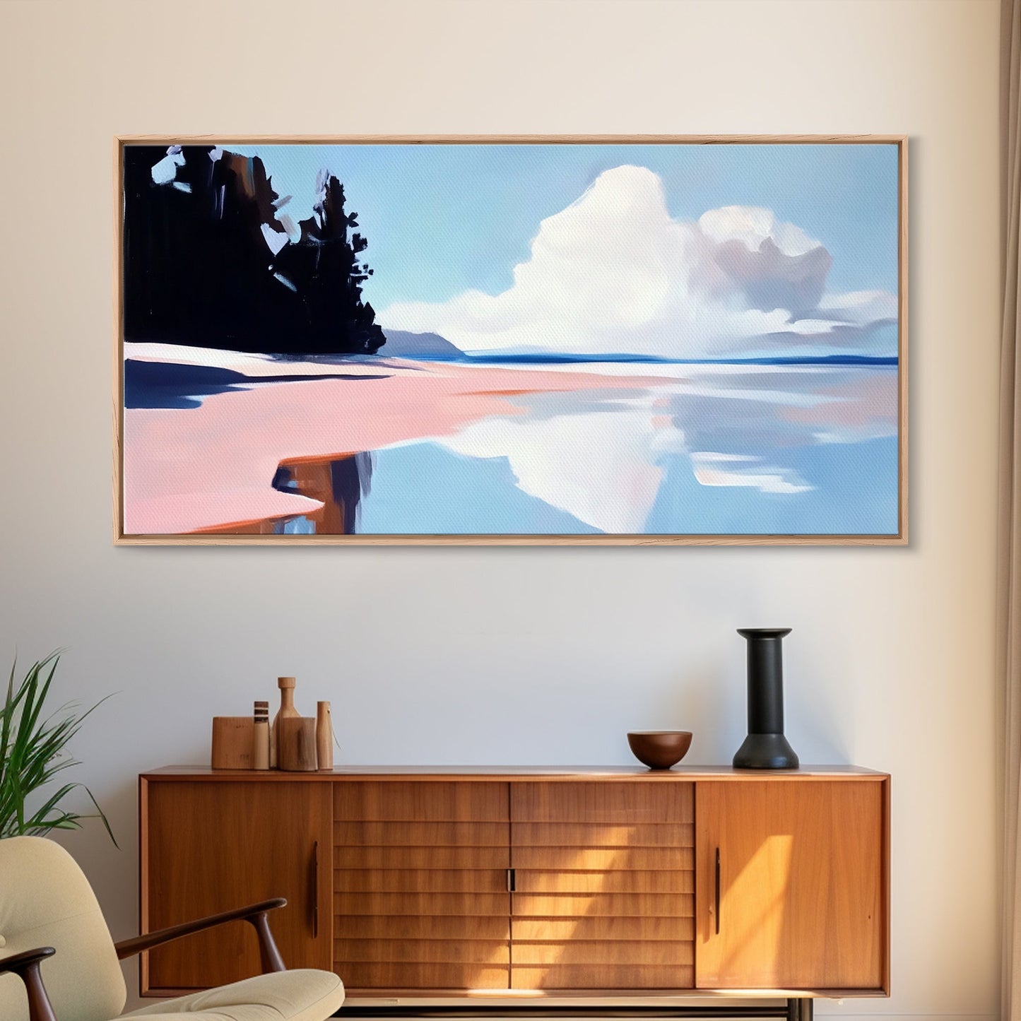 Bewölkte Meereslandschaft mit Spiegelung, ruhiger Küstendruck, minimalistische Meeresdekoration, sanfte Pastelllandschaft, Zen-Kunst für Zuhause, gerahmter Leinwanddruck fürs Schlafzimmer