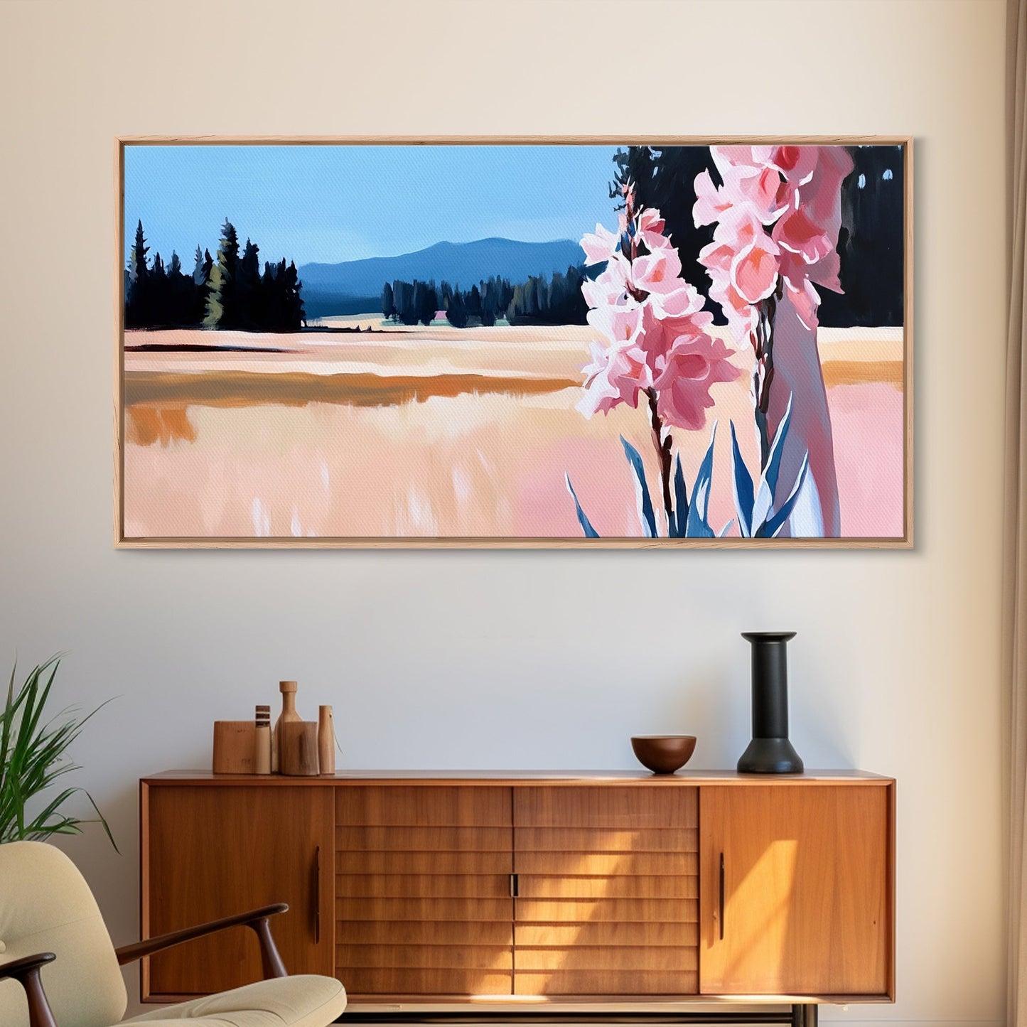 Rosa Blumen, Naturlandschaft, Wandbild im Landhausstil, Blumenästhetik, Boho-Dekor, Schlafzimmer-Wandbild, Minimalistische Kunst, Leinwanddruck