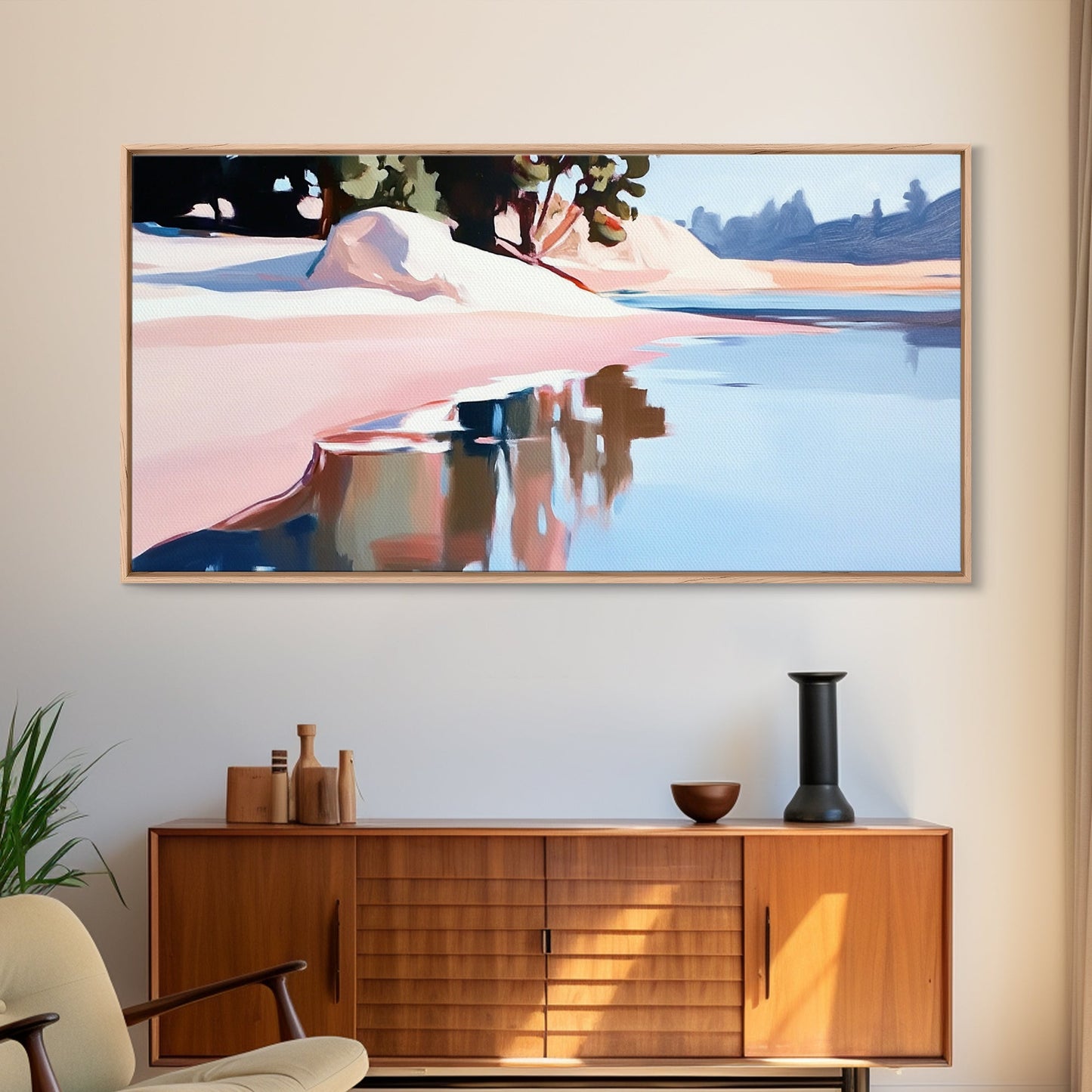 Küstenbaum, Dachüberstand, Leinwanddruck, vom Meer inspirierte Dekoration, moderne Strandwandkunst, pastellfarbene Meereslandschaft, ruhige Szenerie, tropisches Flair