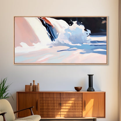 Snow Peak, Clouds, Framed Canvas Print, Alpine mountain scene, winter painting, Scandinavian decor, minimalist landscape, abstract nature art