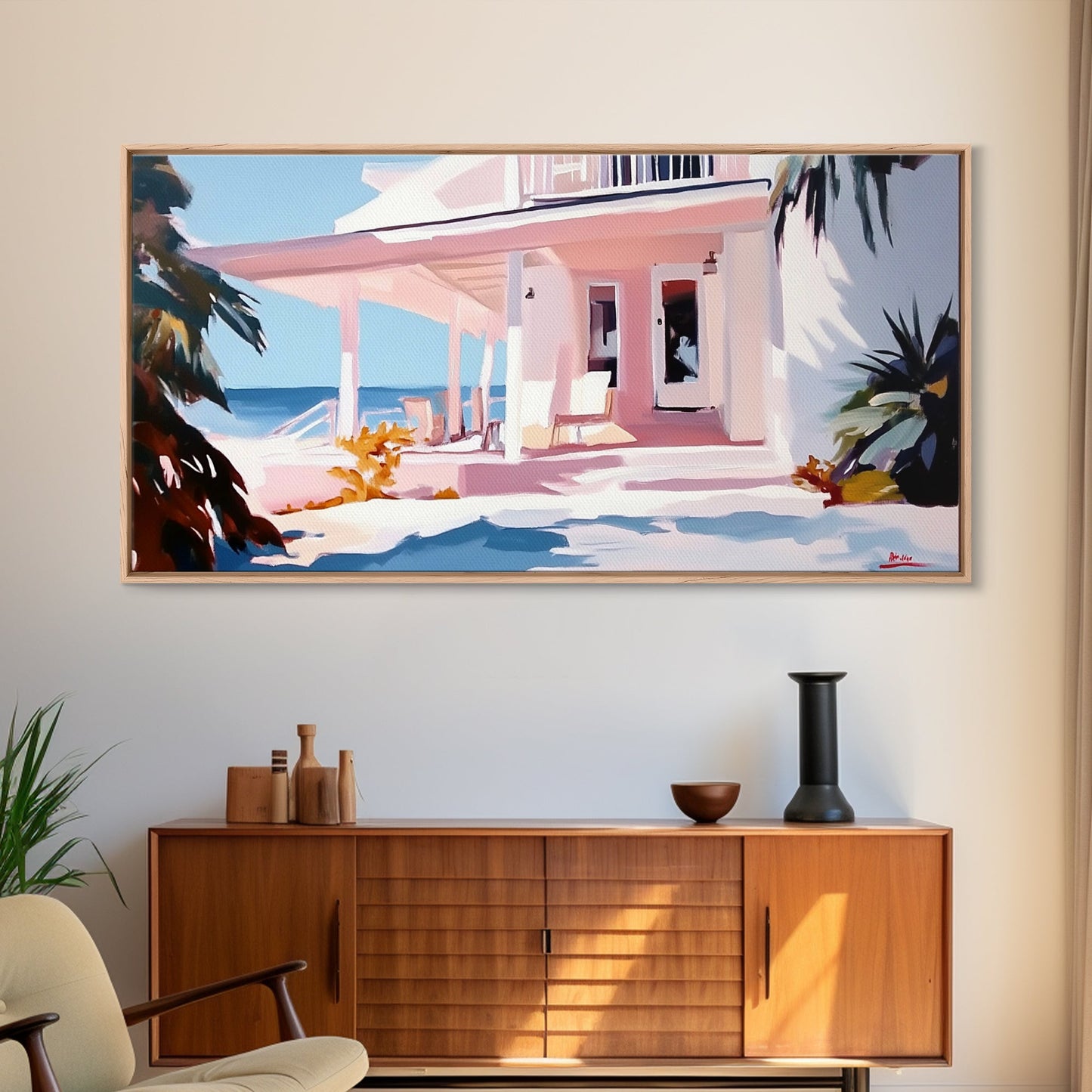 Oceanfront Porch, Coastal Home, Beach House, Seaside Retreat, Summer Vibes, Blue Wall Art, Nautical Style, Modern Decor, Framed Canvas Print