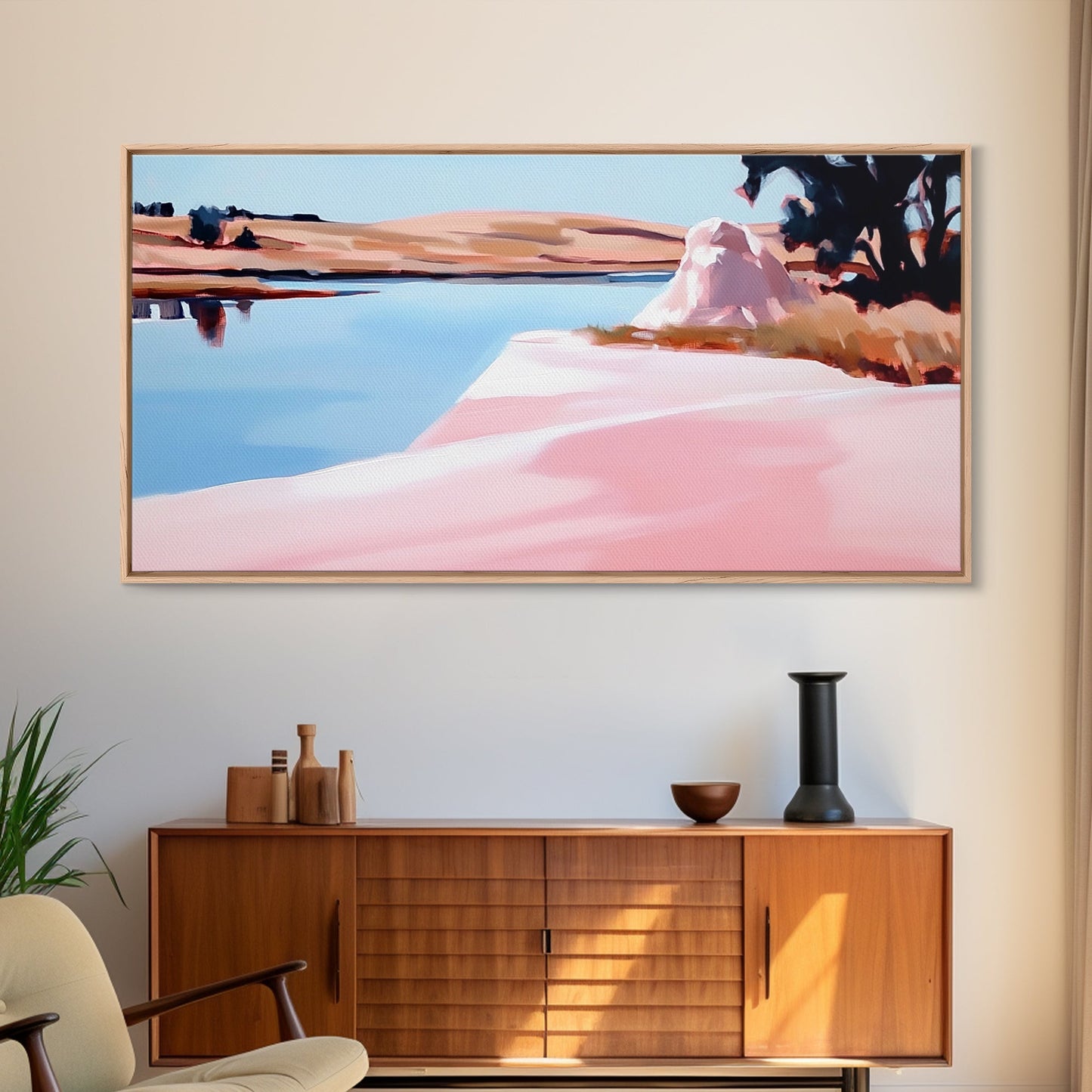 Tree on Shore, Lake Art, Natural Beauty, Rustic Decor, Tranquil Scene, Blue and Pink Palette, Serene Wall Art, Modern, Canvas Print