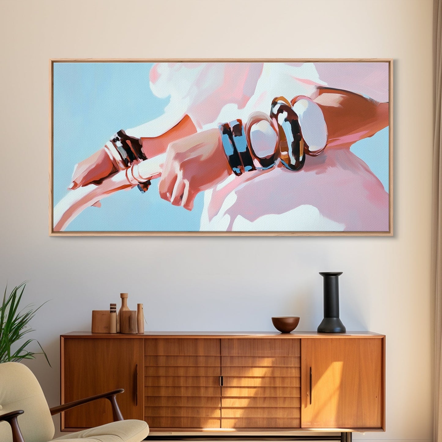 Moderne Mode, auffälliger Schmuck, schicke Kunst, gerahmter Leinwanddruck, zeitgenössische Wandkunst, feminine Dekoration, minimalistische Ästhetik, Schlafzimmerkunst