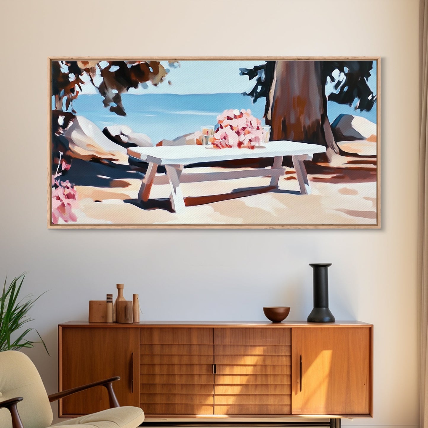 Strandpicknick, Essen am Meer, Sommerliche Wandbilder, Gerahmter Leinwanddruck, Küstendeko, Entspannende Atmosphäre, Küchenkunst, Maritime Ästhetik