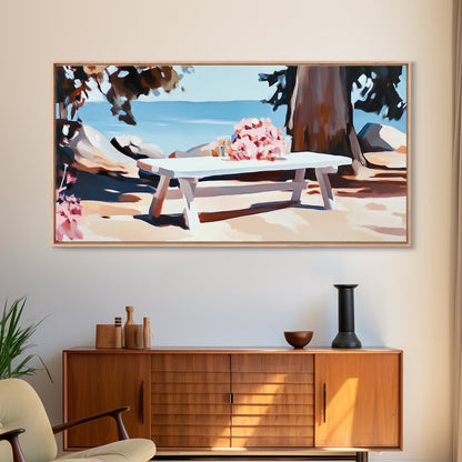 Strandpicknick, Essen am Meer, Sommerliche Wandbilder, Gerahmter Leinwanddruck, Küstendeko, Entspannende Atmosphäre, Küchenkunst, Maritime Ästhetik