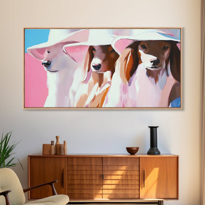 Stilvolle Hunde, Trendige Tierkunst, Ästhetischer Druck in Rosa, Modernes Haustierporträt, Verspielte Wandkunst, Dekoratives Dekor, Gerahmter Leinwanddruck