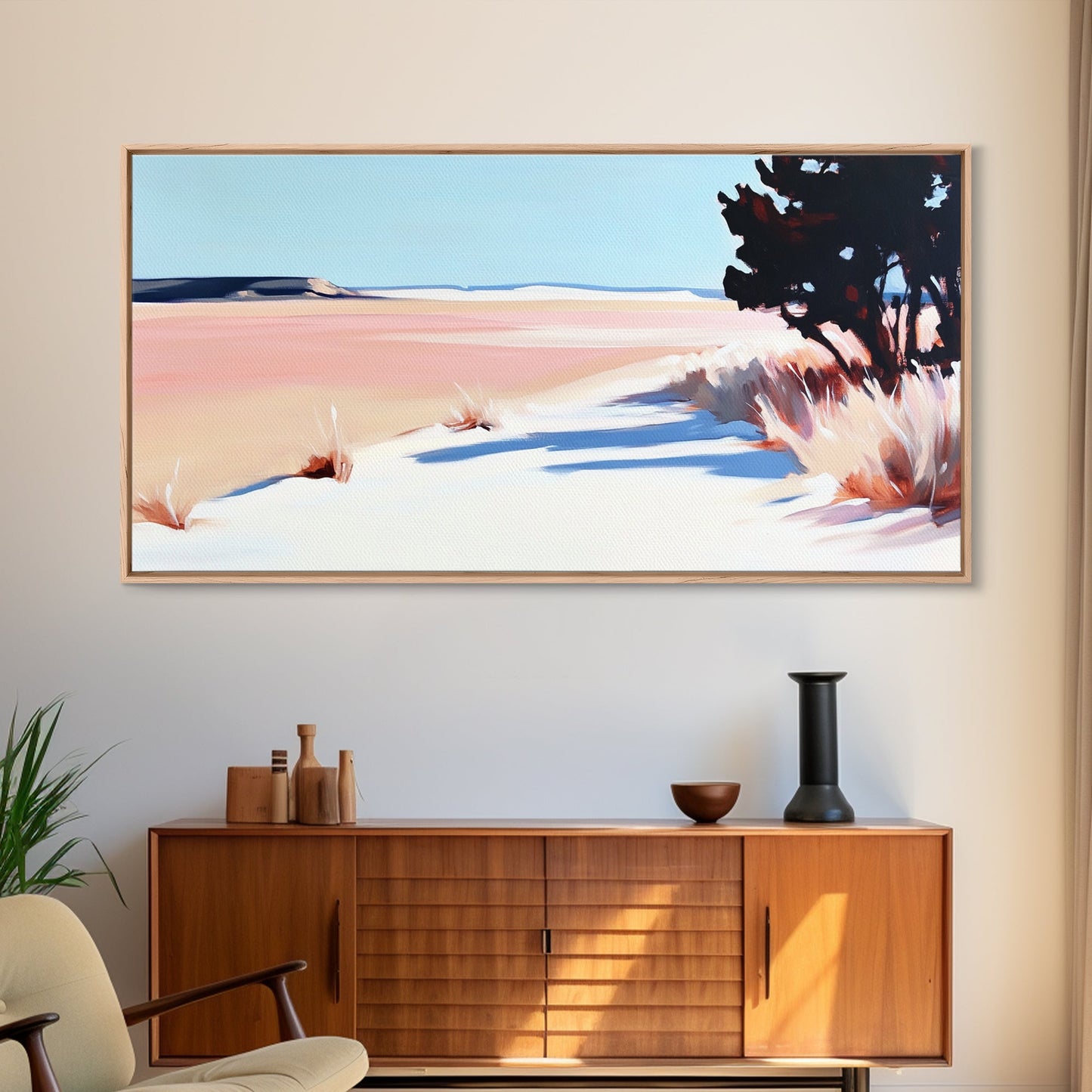 Wüstenpfad, minimalistische Landschaftskunst, warmer Pastelldruck, erdige Ästhetik, rustikale Wanddekoration, Schlafzimmerkunst, Leinwanddruck