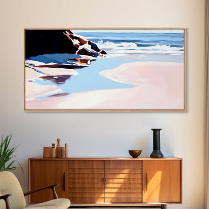 Ocean Shore, Tranquil Seascape Art, Pink Blue Horizon, Serene Beach Wall Decor, Relaxing Coastal Aesthetic, Canvas Print