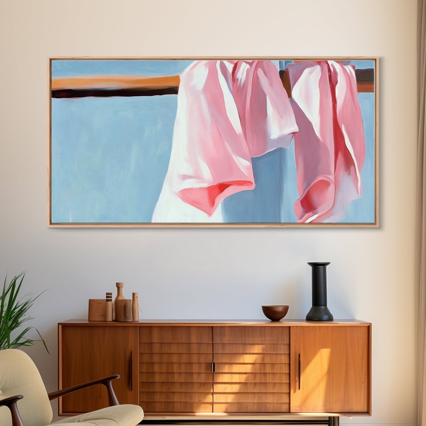 Hanging Shirts, Minimalist Wall Art, Soft Pastel Decor, Boho Chic Painting, Light Blue and Pink, Aesthetic Bedroom Art, Canvas Print
