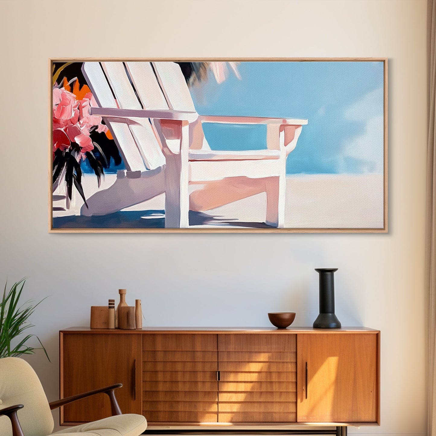 Strandstuhl, Sommerentspannung, Küstenkunst für draußen, Urlaubsästhetik, tropische Wohndekoration, minimalistische Pastellfarben, Leinwanddruck, Terrasse