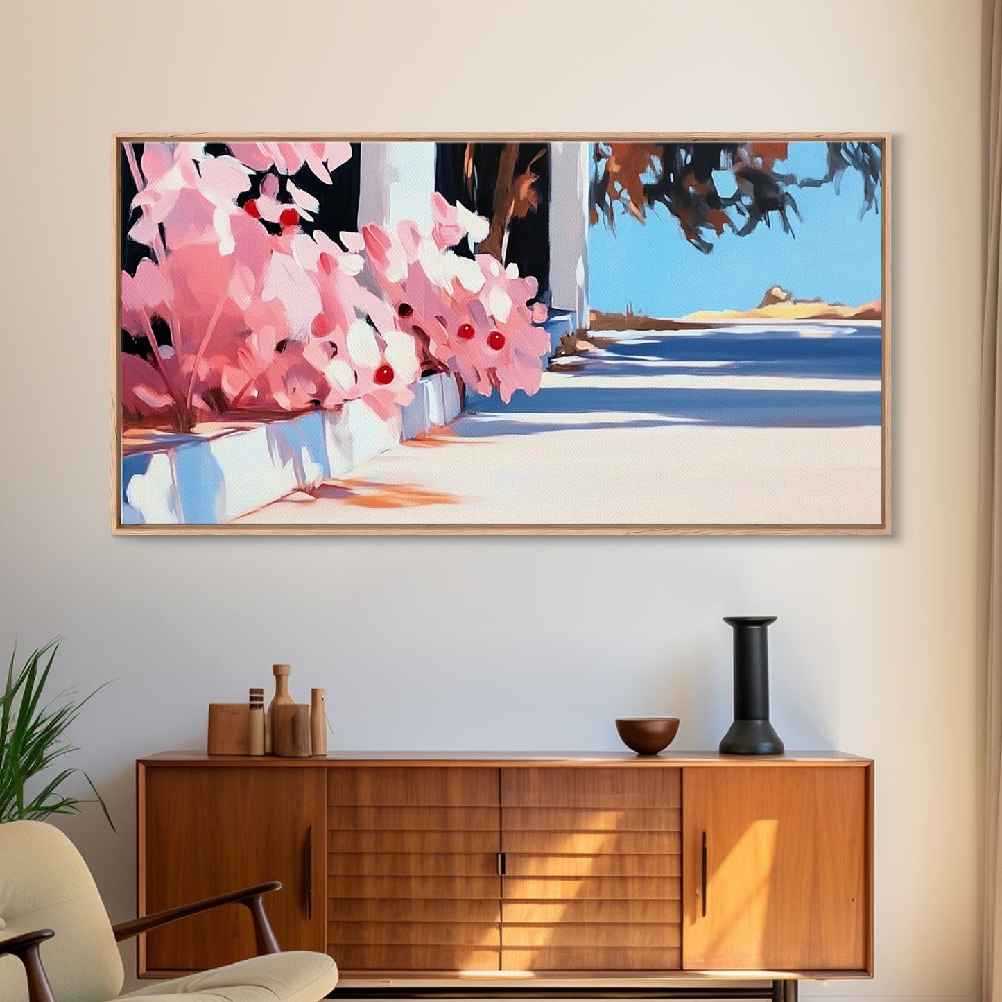 Flowers, Sunlit Walkway, Mediterranean Style Art, Floral Painting, Romantic Landscape, Framed Canvas Print, Outdoor Wall Art, Pastel Tones