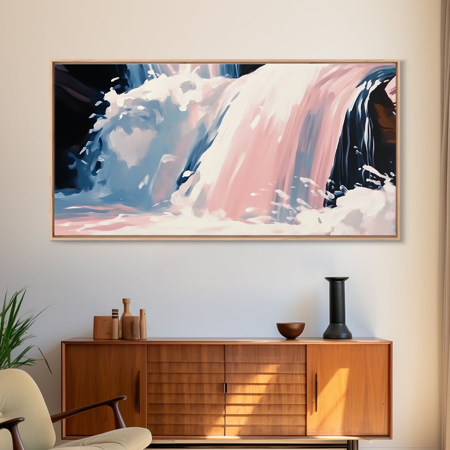 Wasserfallmotiv, Naturwandbild, Ruhige Landschaftskunst, Moderner minimalistischer Druck, Blau- und Rosatöne, Gerahmter Leinwanddruck, Wohnzimmerkunst