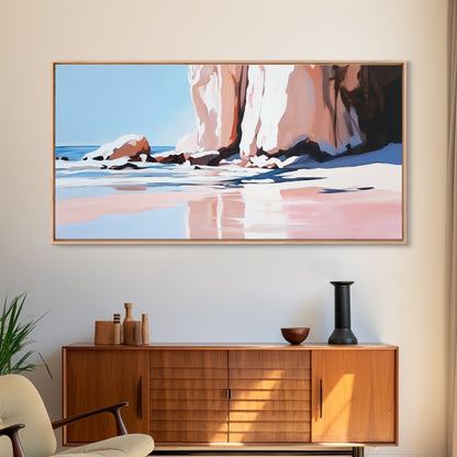 Strandspiegelungen, Felsformationen, Küstenkunst, Leinwanddruck, Wanddekoration im Küstenstil, Meeresgemälde, Wohnzimmerkunst, Minimalistische Strandkunst