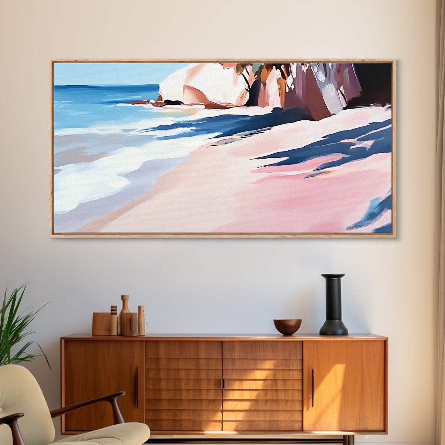 Meeresküste, Felsstrand, blaue Wellen, Leinwanddruck, moderne Küstenkunst, Strandhausdeko, Wandbild fürs Wohnzimmer, minimalistisches Meeresbild