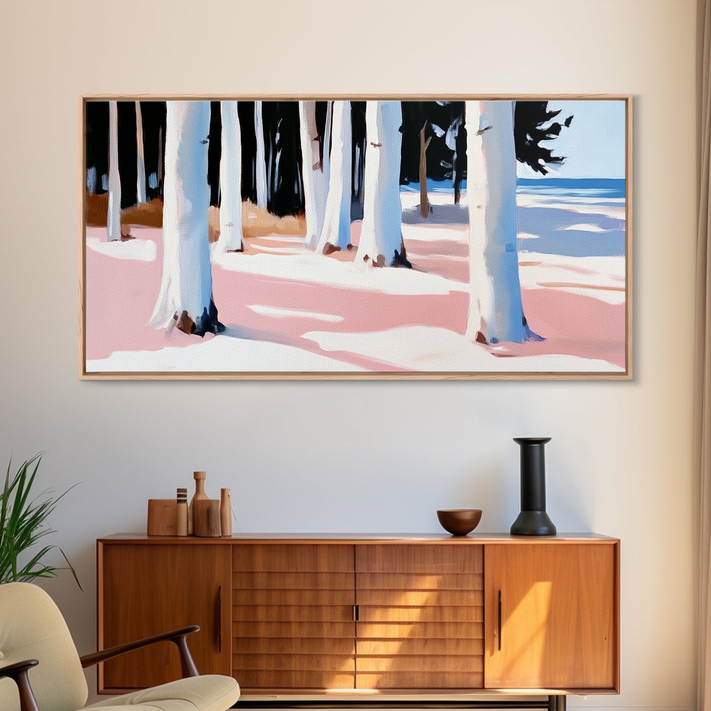 Wald am Ufer, Küstenbäume, Naturkunst, Leinwanddruck, Ruhige Wanddekoration, Wohnzimmerkunst, Strandhausgemälde, Minimalistische Kunst