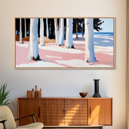 Wald am Ufer, Küstenbäume, Naturkunst, Leinwanddruck, Ruhige Wanddekoration, Wohnzimmerkunst, Strandhausgemälde, Minimalistische Kunst