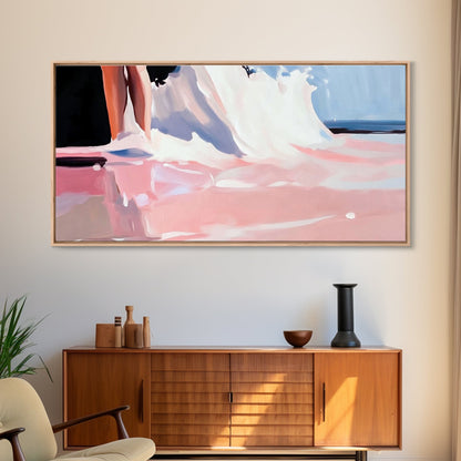 Abstract Waves, Coastal Aesthetic, Beach Sunset, Living Room Wall Art, Canvas Print, Ocean Home Decor, Modern Seaside Artwork, Pink and Blue