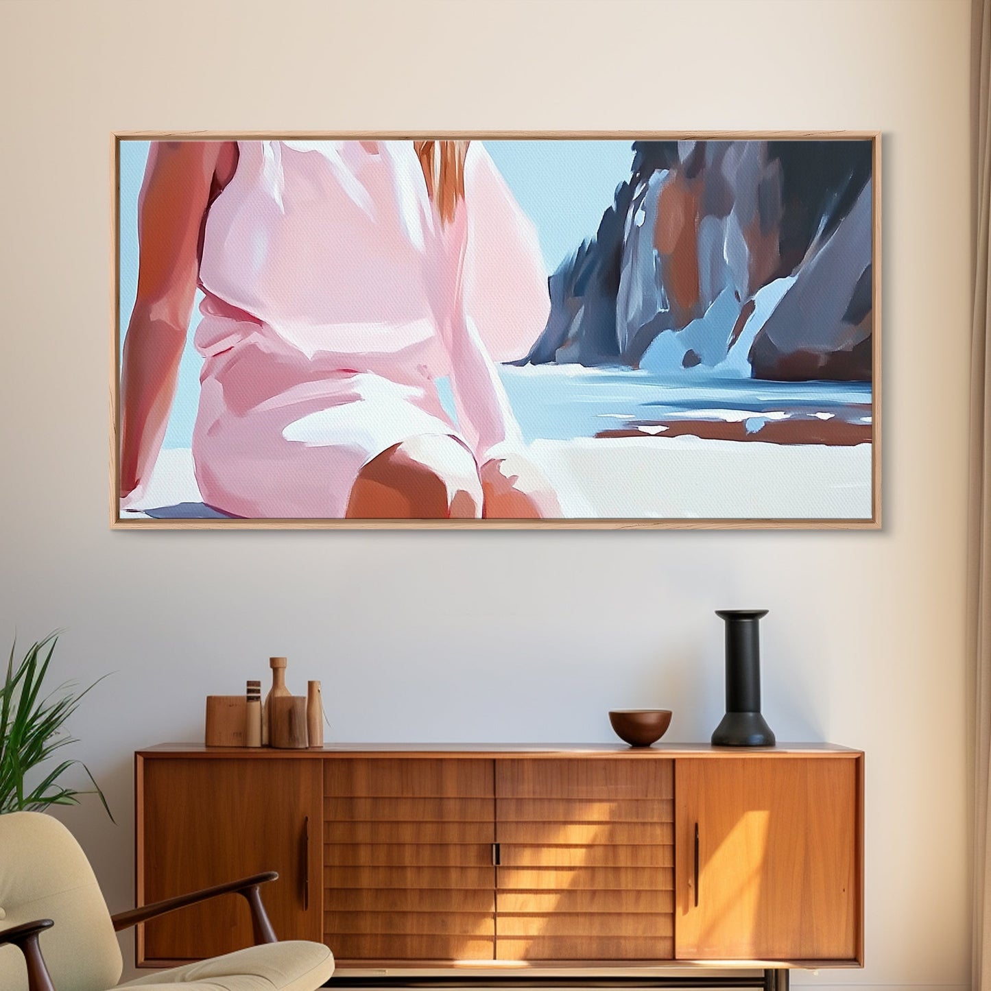 Beach Woman, Summer Aesthetic, Ocean Fashion, Boho Wall Art, Framed Canvas Print, Coastal Beauty, Modern Beach House Decor, Minimalist Artwork