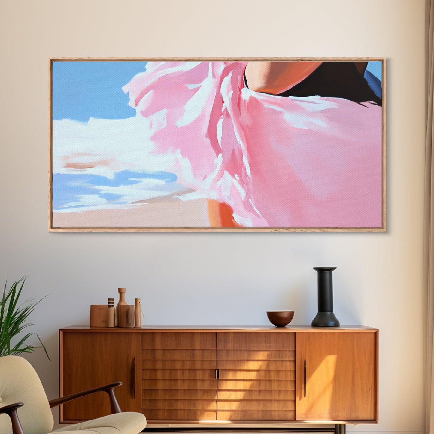 Fließendes Kleid, Strandwind, feminine Eleganz, modische Wandkunst, gerahmter Leinwanddruck, Meeresbrise, moderne Wohndekoration, zartrosa Ästhetik