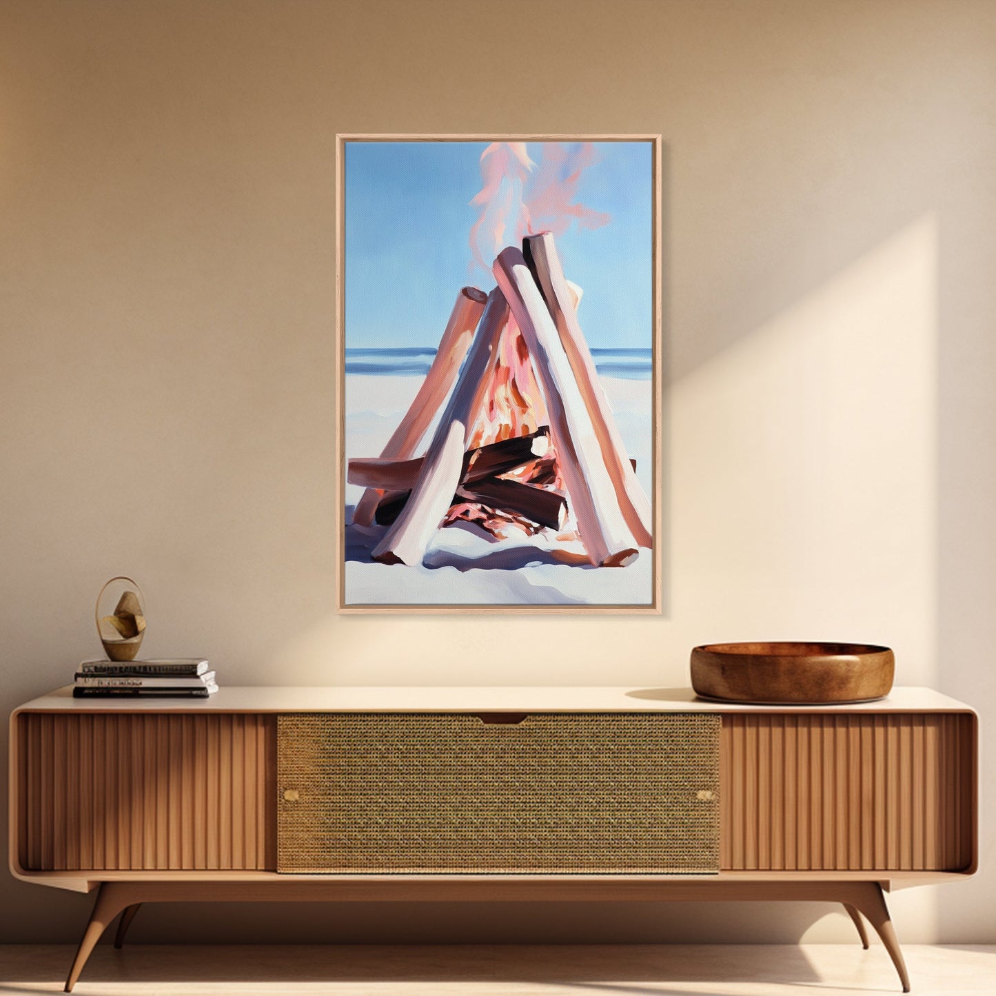 Beach Bonfire, Coastal Art, Ocean Sunset, Warm Minimalist, Canvas Print, Coastal Home Decor, Relaxing Wall Art, Boho Aesthetic