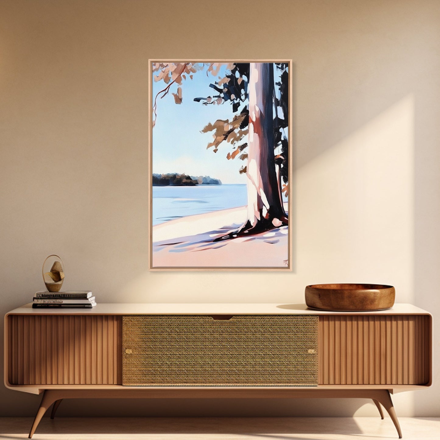 Lakeside Tree, Framed Canvas Print, Nature Wall Art, Serene Landscape, Beach House Decor, Tranquil Painting, Living Room Accent