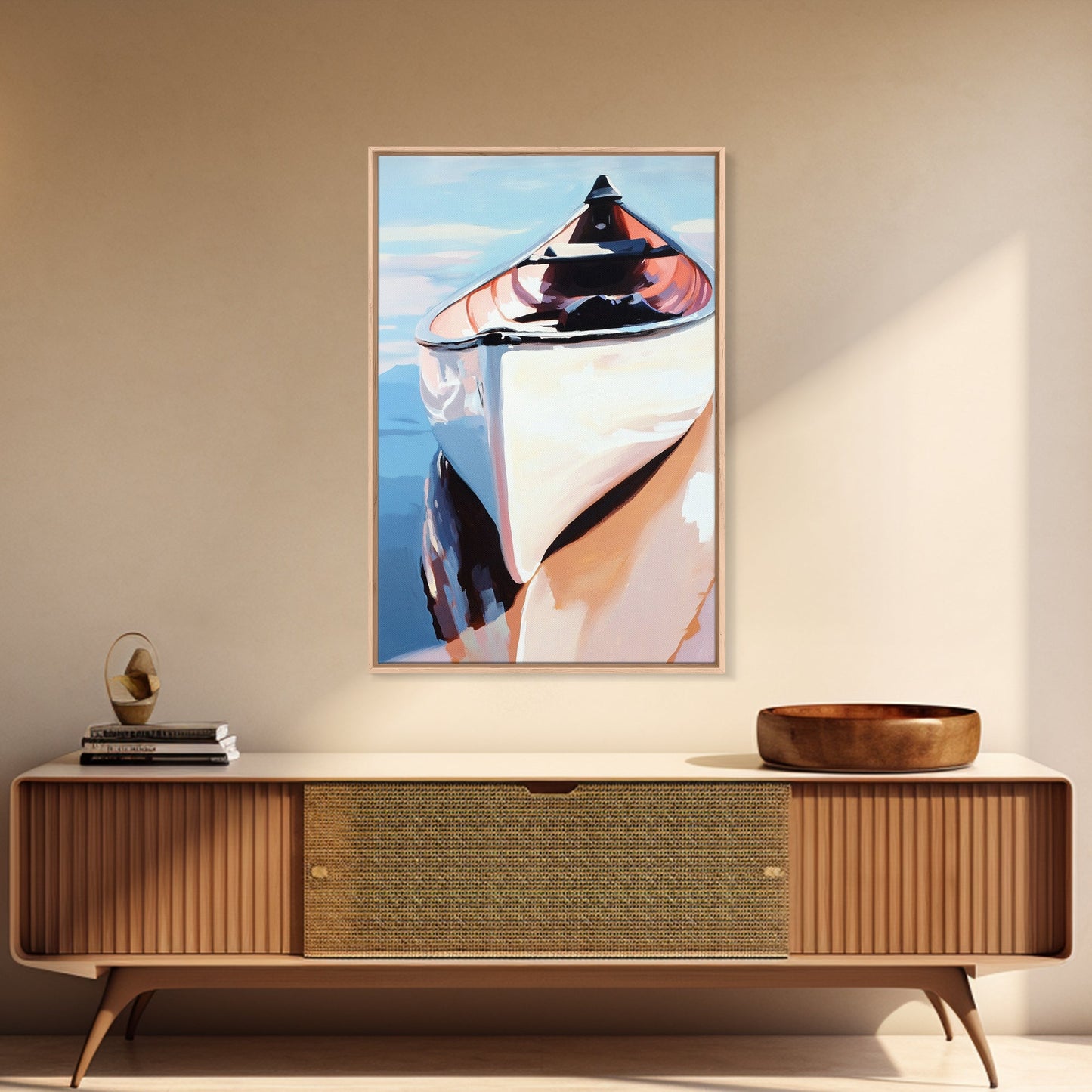 Wooden Boat, Reflection, Nautical Wall Art, Lake House Decor, Modern Impressionism, Blue and White Art, Rustic Style, Framed Canvas Print