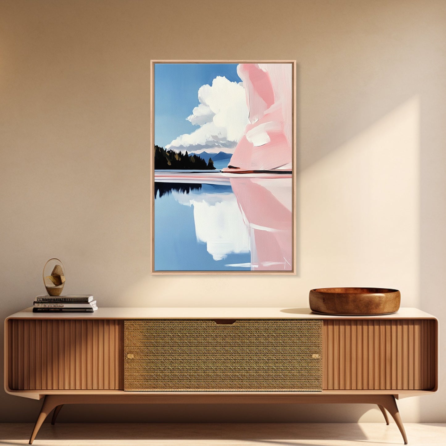 Pink Rock Reflection, Abstract Landscape, Serene Water Art, Framed Canvas Print, Modern Wall Decor, Minimalist Nature, Living Room Art