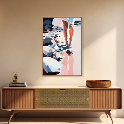 Walking on Rocks, Coastal Reflection, Beach Serenity, Soft Pastel Art, Framed Canvas Print, Nature Home Decor, Modern Wall Art