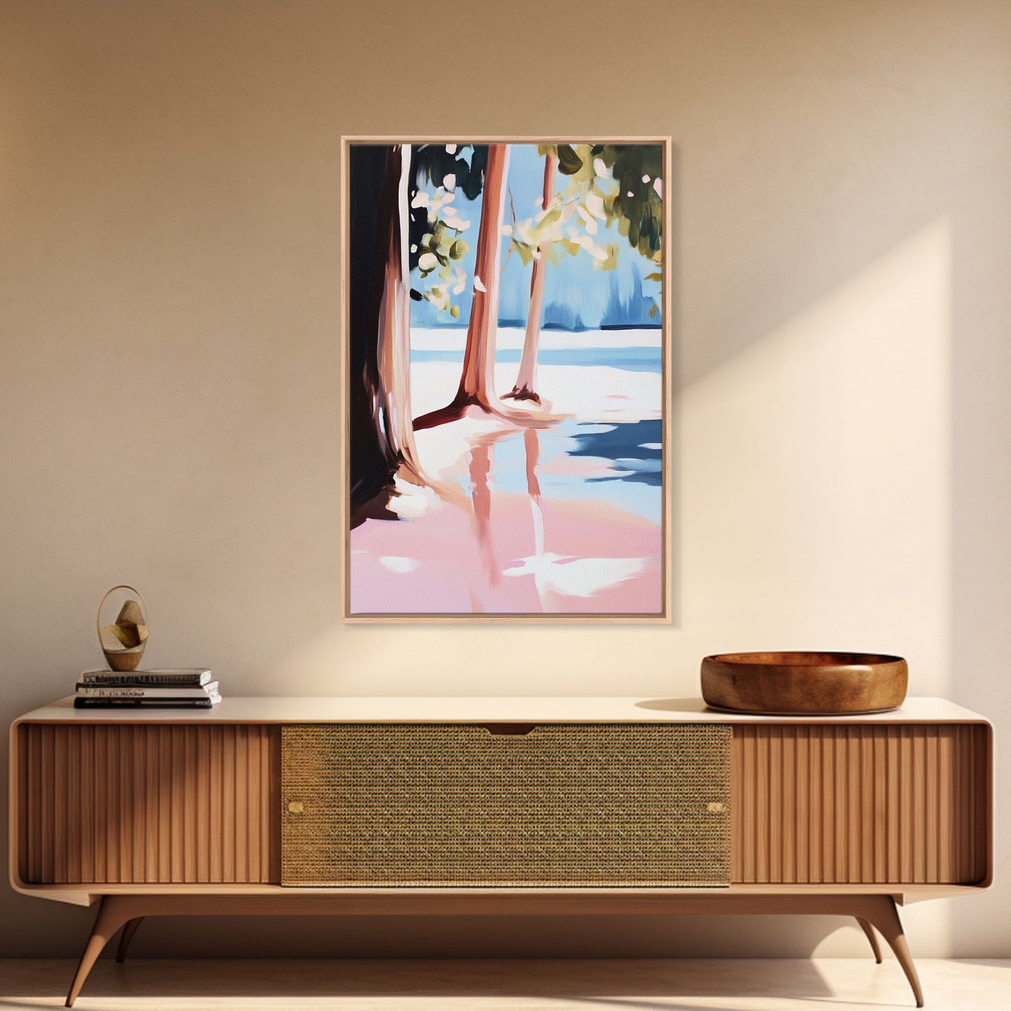 Sunset Reflection, Tranquil Beach, Serene Landscape, Ocean Serenity, Pink Skies, Relaxing Vibes, Framed Canvas Print, Living Room