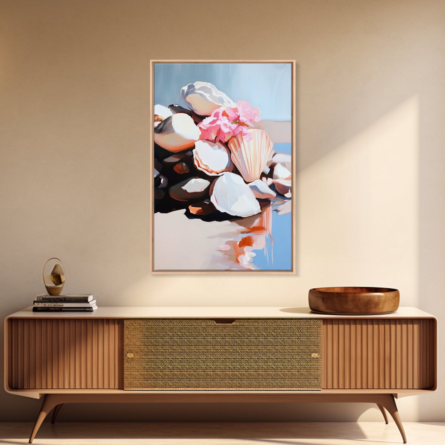 Seashell Collection, Beach Treasures, Coastal Aesthetic, Nautical Wall Art, Framed Canvas Print, Ocean Decor, Living Room Artwork