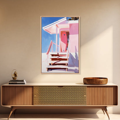 Surf Shack, Tropical Beach House Art, Framed Canvas Print, Pink Coastal Decor, Summer Vibes Wall Art, Relaxing Ocean Painting, Boho Chic