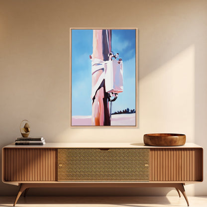 Rustic Pole, Coastal Minimalist Art, Framed Canvas Print, Boho Beach Decor, Nautical Painting, Seaside Home Aesthetic, Pastel Artwork