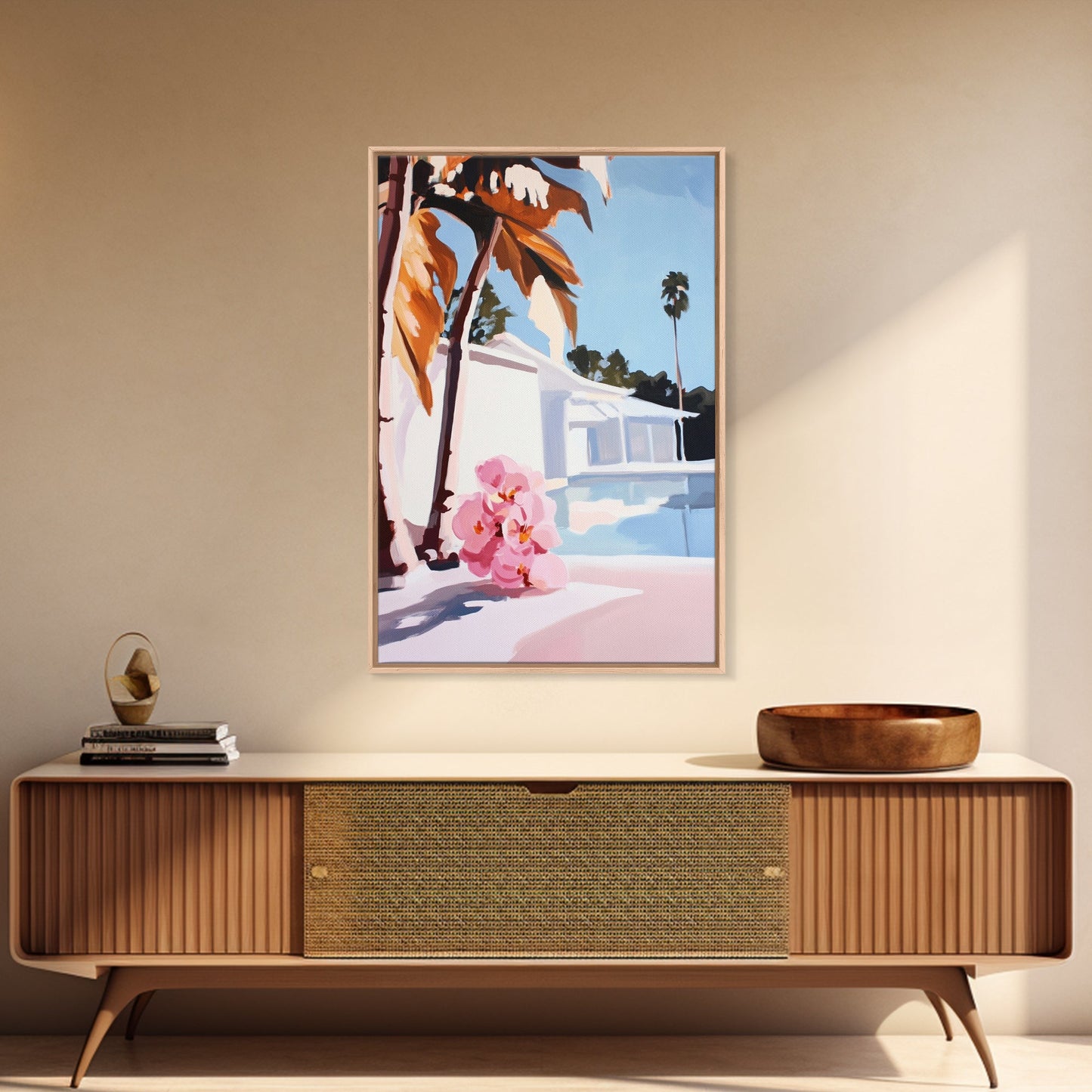 Tropical, Palm Trees, Poolside, Framed Canvas Print, Modern Beach House Art, Vibrant Wall Decor, Summer Vibes, Aesthetic Living Room Art