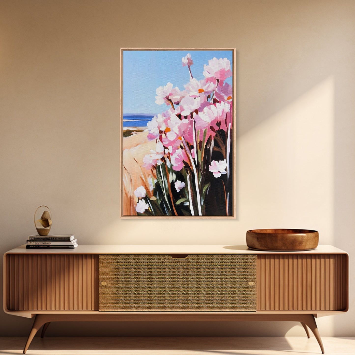 Coastal Flowers, Pink Daisy Art, Floral Beach Decor, Framed Canvas Print, Modern Boho Wall Art, Bedroom Artwork, Summer Aesthetic