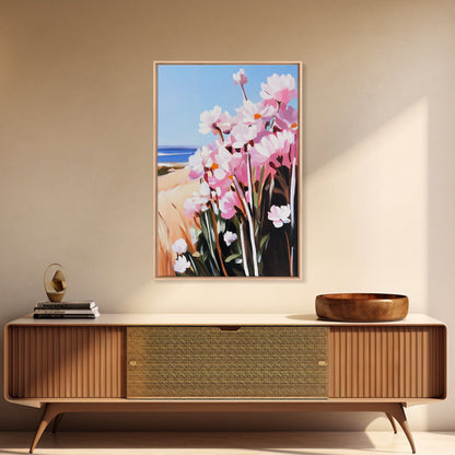 Coastal Flowers, Pink Daisy Art, Floral Beach Decor, Framed Canvas Print, Modern Boho Wall Art, Bedroom Artwork, Summer Aesthetic