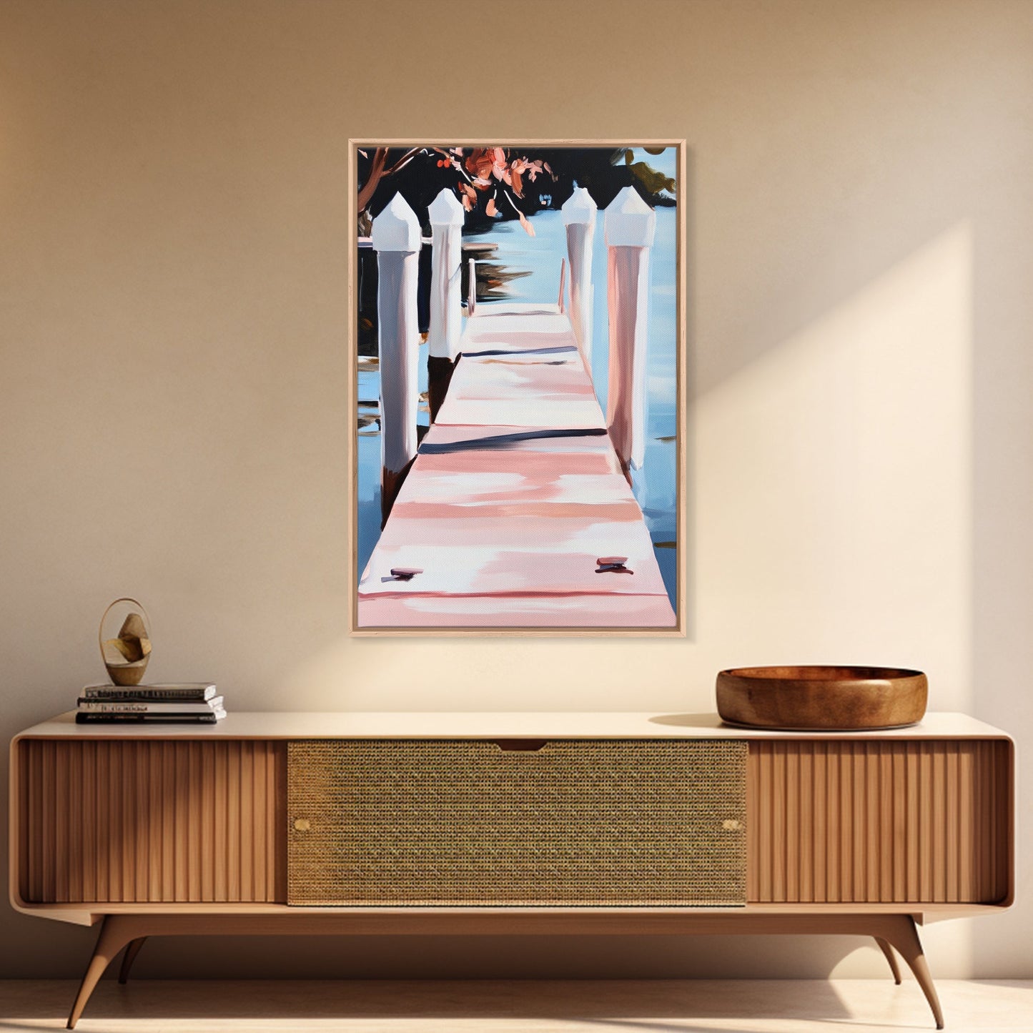 Serene Dock, Waterside Retreat, Nautical Art, Coastal Living, Summer Wall Decor, Bedroom or Office Art, Framed Canvas Print