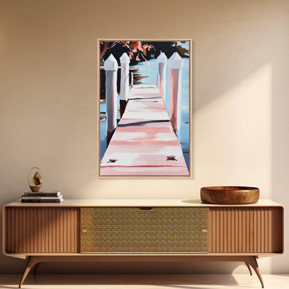 Serene Dock, Waterside Retreat, Nautical Art, Coastal Living, Summer Wall Decor, Bedroom or Office Art, Framed Canvas Print